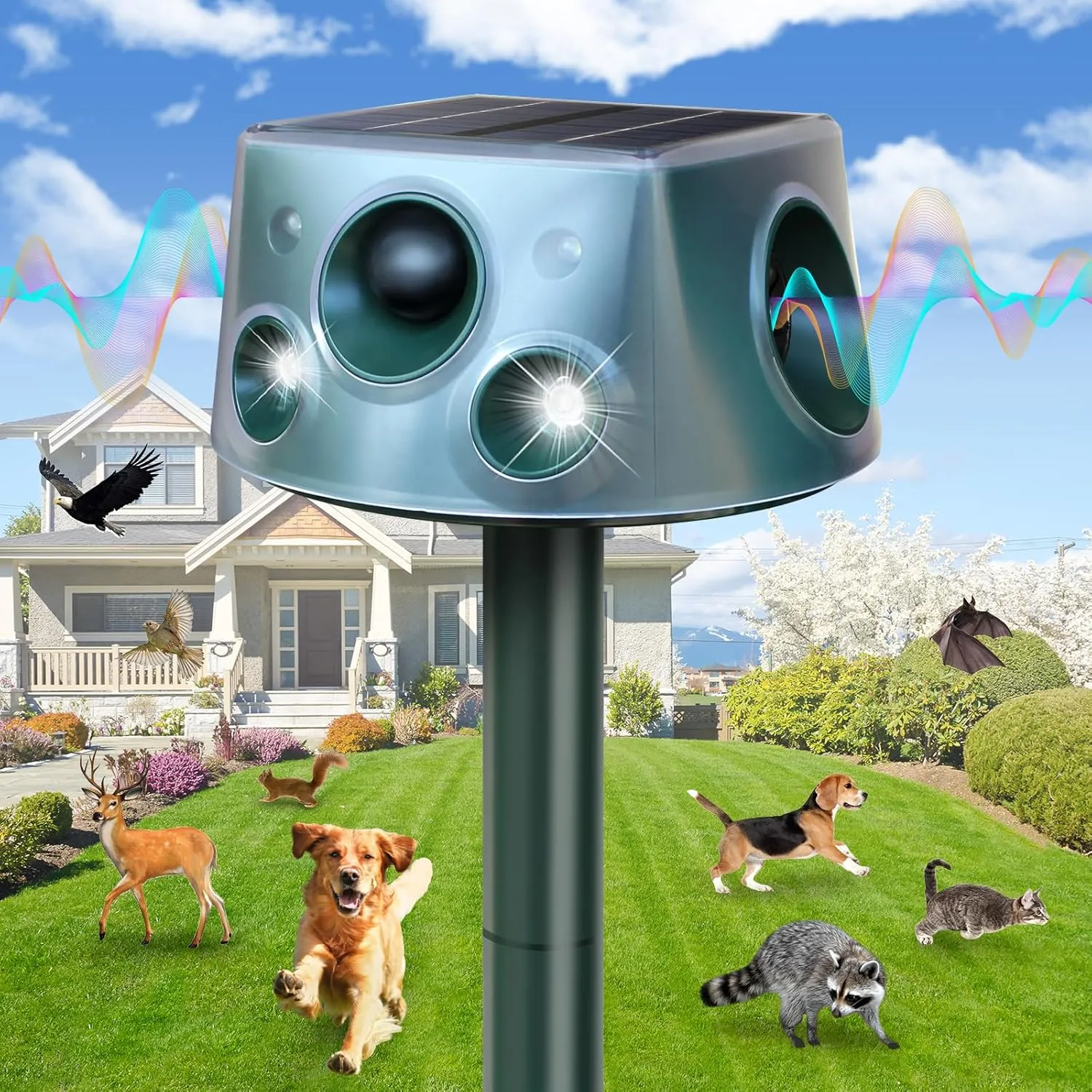 Solar Animal Repellent Ultrasonic Pest Repeller, Squirrel Repellent Cat Repellent Outdoor Motion Detection, Deer Repellent Device with IP66 Waterproof, Racoon Repellent Outdoor for Yard Garden Lawn