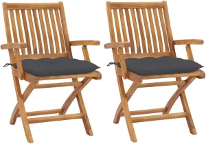 Solid Teak Wood Folding Patio Chairs with Anthracite Cushions 2-Piece Outdoor Furniture Set for Patio Beach Camping and Backyard