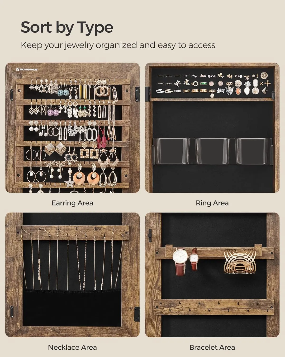 SONGMICS Jewelry Cabinet Armoire, Lockable Wall-Mounted Storage Organizer Unit with 2 Plastic Cosmetic Trays, Full-Length Frameless Mirror, Textured Brown UJJC001X01
