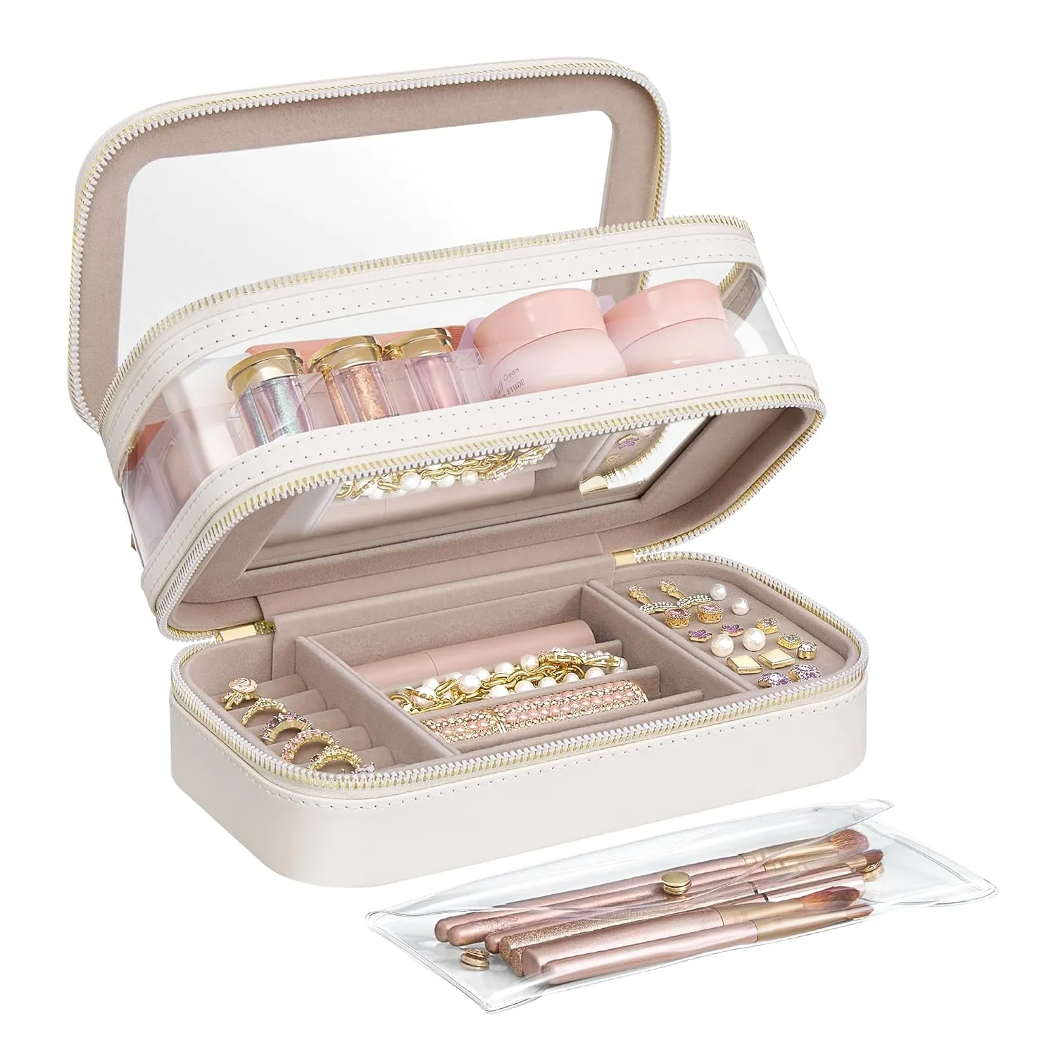 SONGMICS Makeup Bag with Mirror, with Jewelry Storage, Travel Makeup Bag, with Separate Brush Storage Pouch, Transparent Window, 8.7 x 4.7 x 4.7 Inches, Gift Idea, Cloud White UJKA026W01