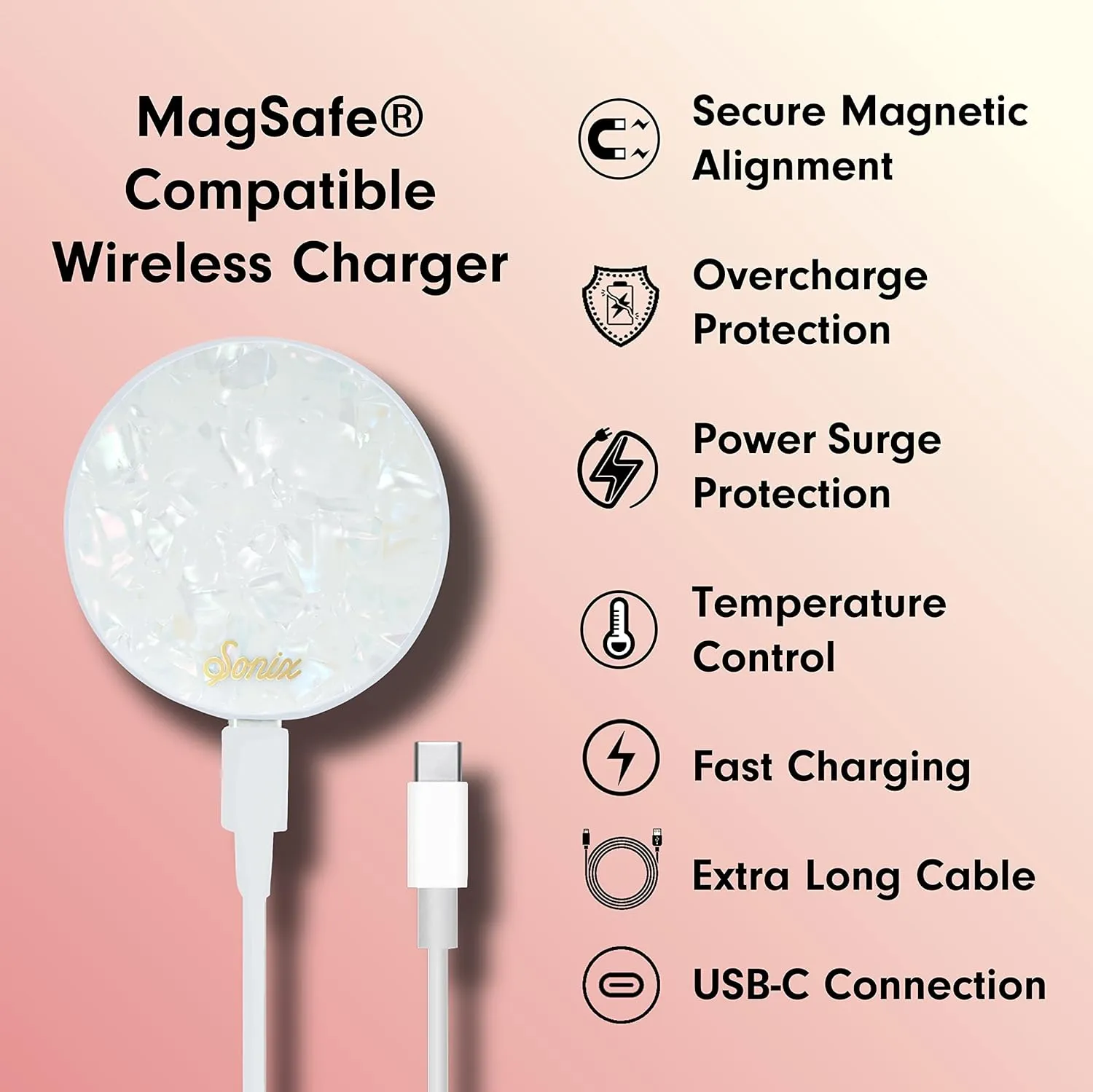 Sonix Charger Compatible with MagSafe for iPhone 15, 14, 13, 12 Series | Fast Wireless Charger x 6.5ft Cable (USB-C) | Pearl Tort