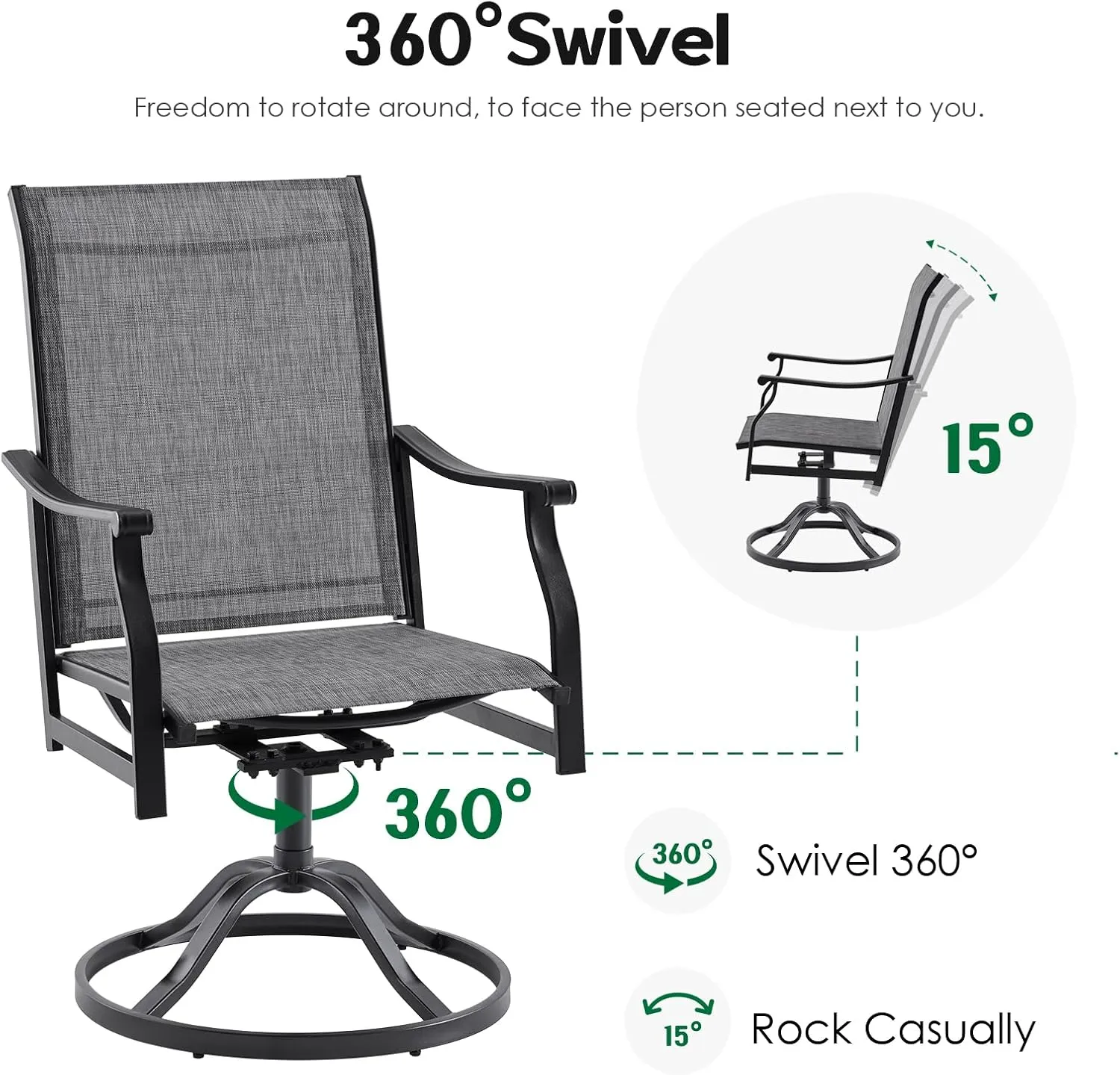 Soohow Swivel Outdoor Dining Chairs Set of 6, Patio Swivel Dining Chair with Textilene Fabric, Outdoor Metal Armchair All Weather Resistant, Ergonomic Comfort, Perfect for Patio, Backyard, Balcony