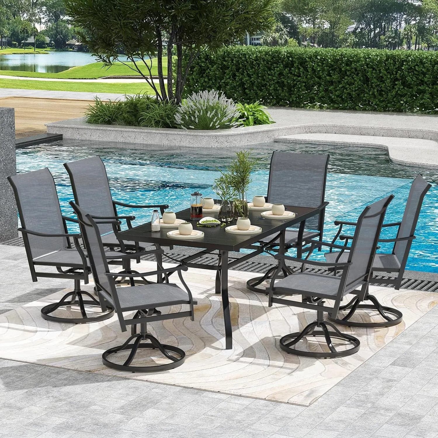 Soohow Swivel Outdoor Dining Chairs Set of 6, Patio Swivel Dining Chair with Textilene Fabric, Outdoor Metal Armchair All Weather Resistant, Ergonomic Comfort, Perfect for Patio, Backyard, Balcony