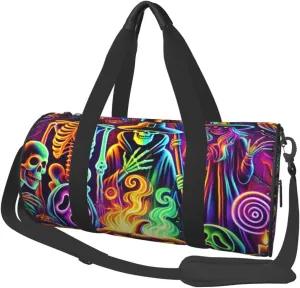 Sports Duffel Bag Neon-Witches-Skeletons-Halloween Foldable Travel Tote Bag Weekender Sleepover Carry On Bag