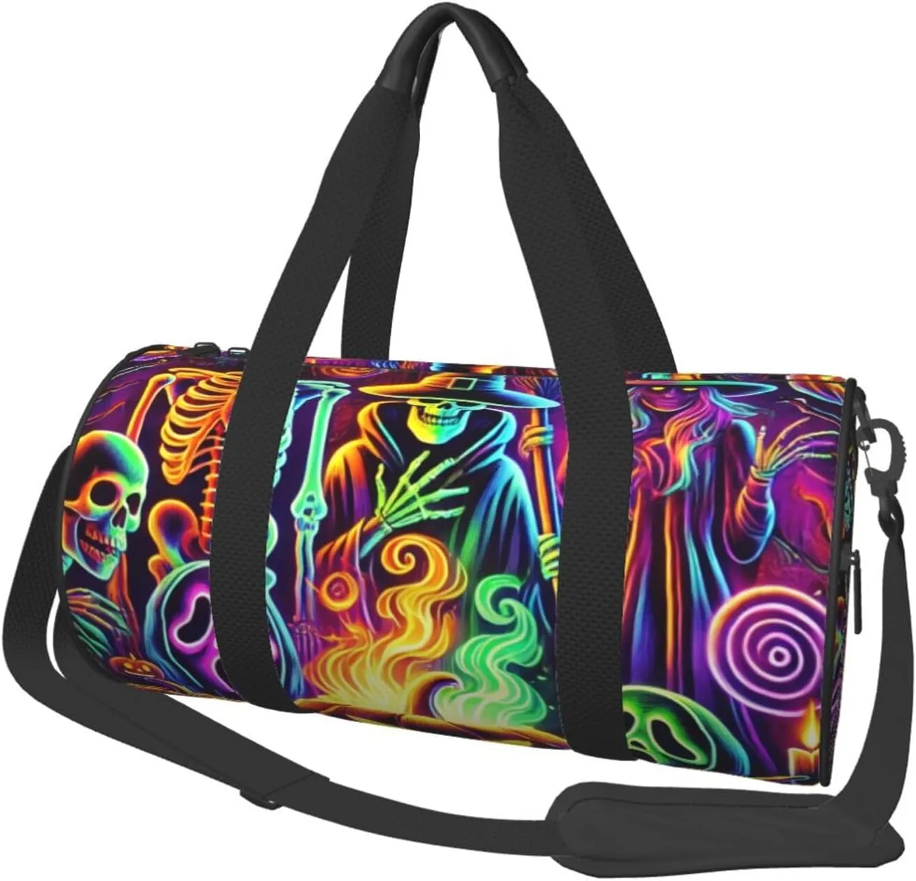 Sports Duffel Bag Neon-Witches-Skeletons-Halloween Foldable Travel Tote Bag Weekender Sleepover Carry On Bag