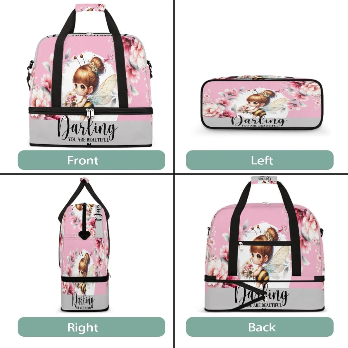 Sports Gym Bag Flower Fairy Bee Large Travel Duffel Bag With Shoe Compartment Foldable Waterproof Carry-On Weekend Travel Bags for Camping Overnight Yoga Hospital Travel Bags