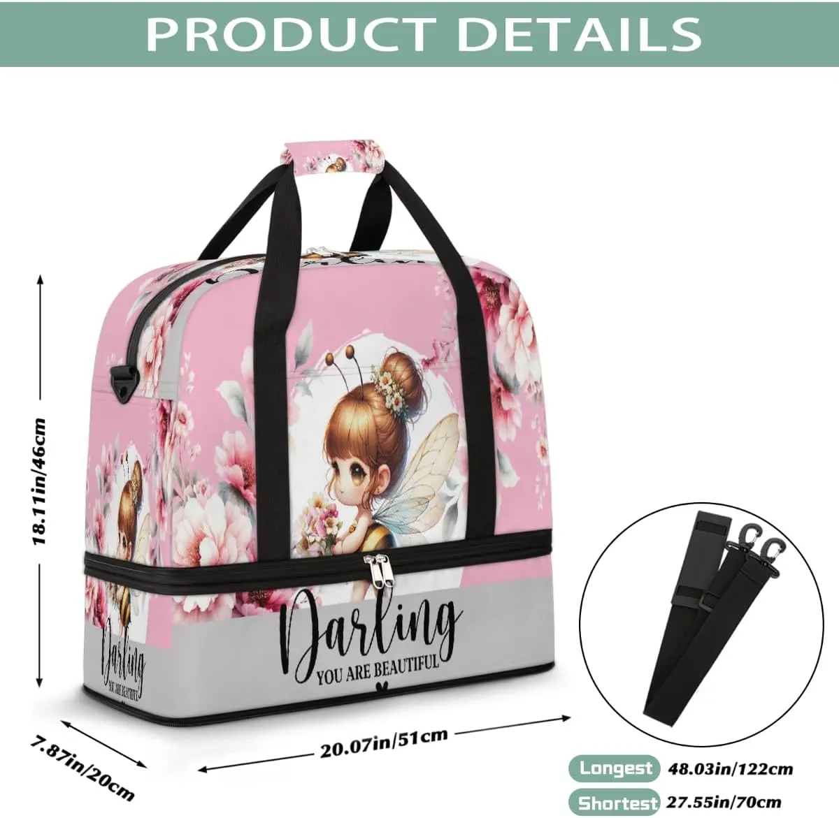 Sports Gym Bag Flower Fairy Bee Large Travel Duffel Bag With Shoe Compartment Foldable Waterproof Carry-On Weekend Travel Bags for Camping Overnight Yoga Hospital Travel Bags