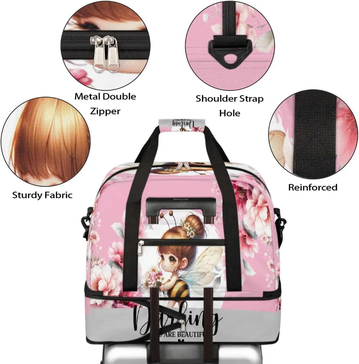 Sports Gym Bag Flower Fairy Bee Large Travel Duffel Bag With Shoe Compartment Foldable Waterproof Carry-On Weekend Travel Bags for Camping Overnight Yoga Hospital Travel Bags