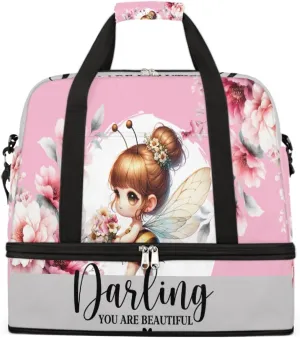 Sports Gym Bag Flower Fairy Bee Large Travel Duffel Bag With Shoe Compartment Foldable Waterproof Carry-On Weekend Travel Bags for Camping Overnight Yoga Hospital Travel Bags