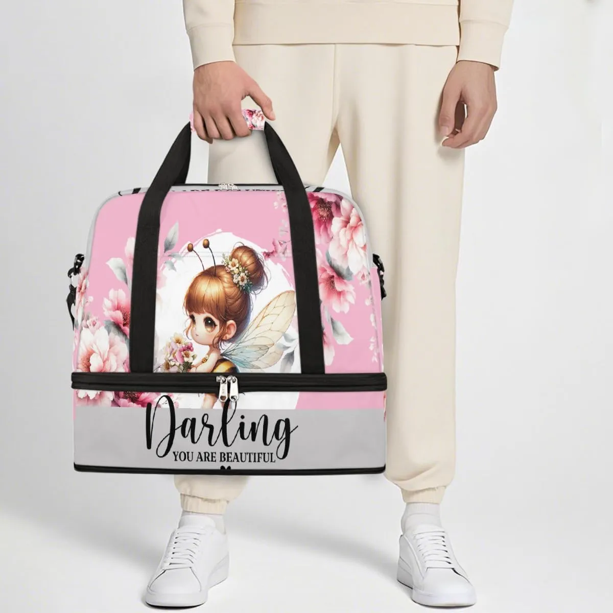 Sports Gym Bag Flower Fairy Bee Large Travel Duffel Bag With Shoe Compartment Foldable Waterproof Carry-On Weekend Travel Bags for Camping Overnight Yoga Hospital Travel Bags