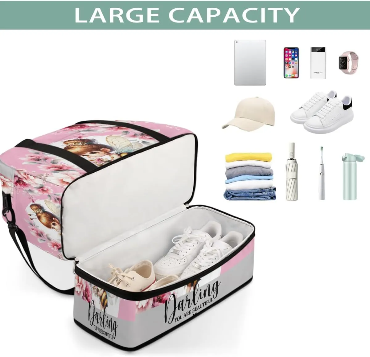 Sports Gym Bag Flower Fairy Bee Large Travel Duffel Bag With Shoe Compartment Foldable Waterproof Carry-On Weekend Travel Bags for Camping Overnight Yoga Hospital Travel Bags