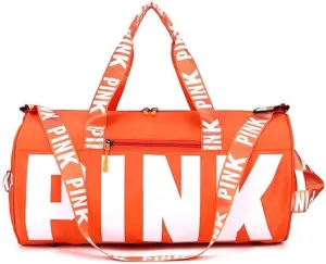 Sports Gym Bag Large Capacity Travel Duffel Bag Sport Shoes Bag with Wet Pocket Compartment for Men and Women Lightweight Multiple Colors PINK Logo (ORANGE)