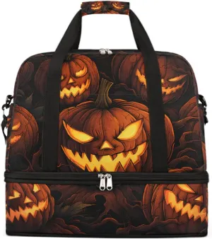 Sports Gym Bag Pumpkin Halloween Lights Large Travel Duffel Bag With Shoe Compartment Foldable Waterproof Carry-On Weekend Travel Bags for Camping Overnight Yoga Hospital Travel Bags
