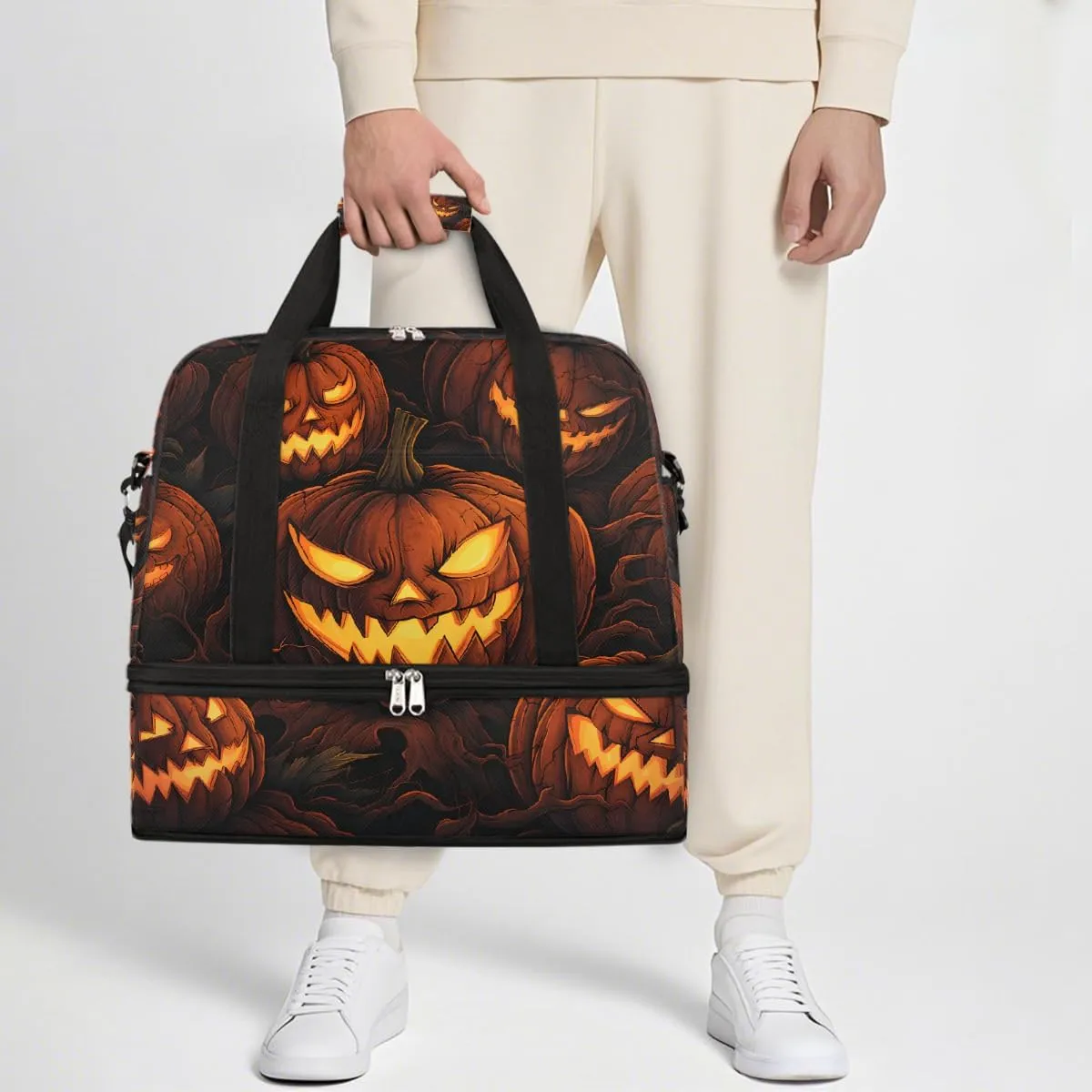 Sports Gym Bag Pumpkin Halloween Lights Large Travel Duffel Bag With Shoe Compartment Foldable Waterproof Carry-On Weekend Travel Bags for Camping Overnight Yoga Hospital Travel Bags