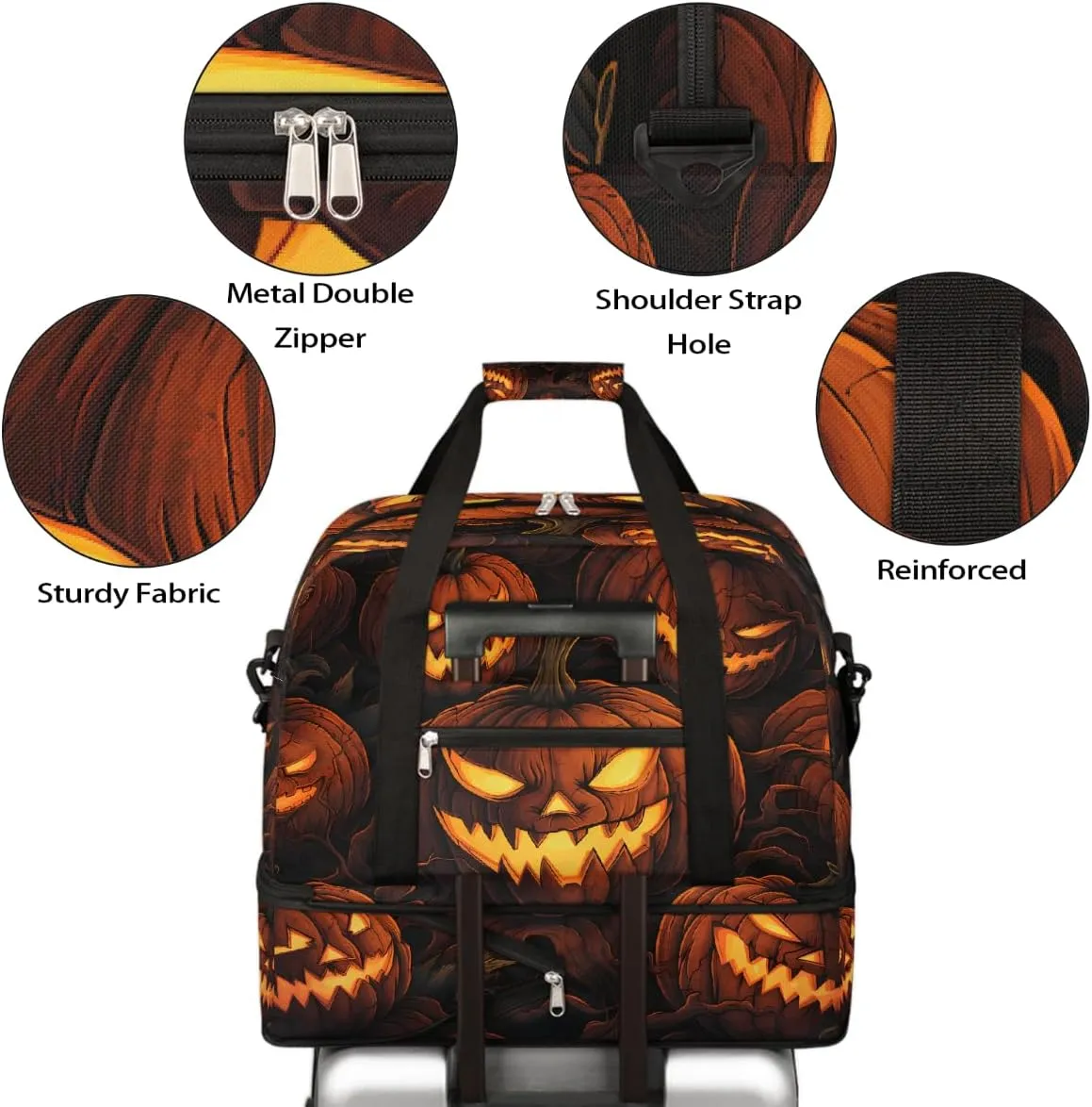 Sports Gym Bag Pumpkin Halloween Lights Large Travel Duffel Bag With Shoe Compartment Foldable Waterproof Carry-On Weekend Travel Bags for Camping Overnight Yoga Hospital Travel Bags