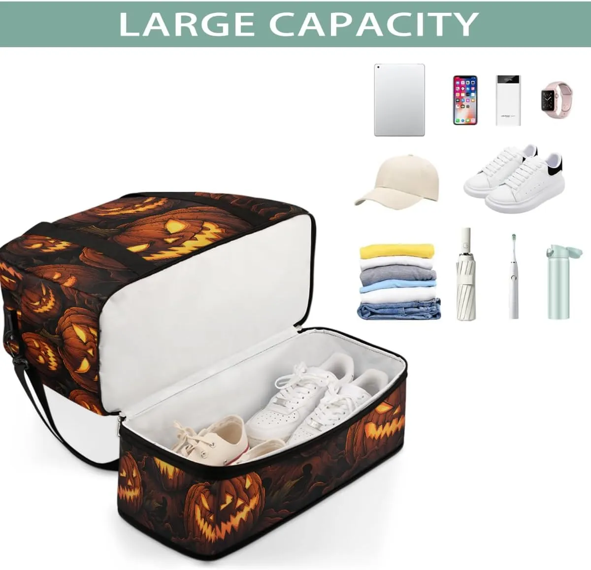 Sports Gym Bag Pumpkin Halloween Lights Large Travel Duffel Bag With Shoe Compartment Foldable Waterproof Carry-On Weekend Travel Bags for Camping Overnight Yoga Hospital Travel Bags