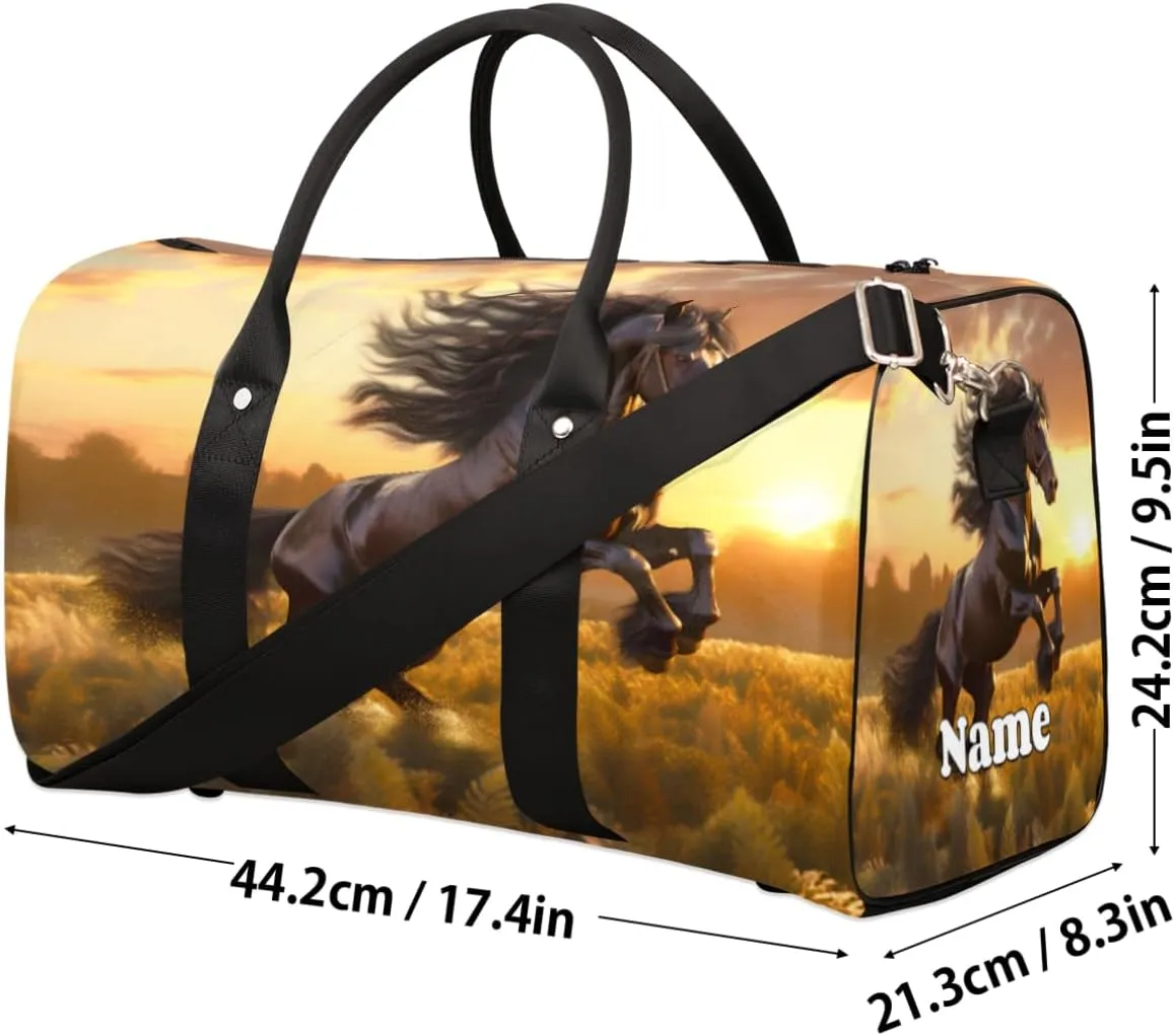 Sports Gym Duffel Bag Customized Name for Women & Men, Horse Animal Sunset Waterproof Tote Beach Bag Foldable Personal Item Travel Bag for Weekender Overnight Dance Carry-On Bag