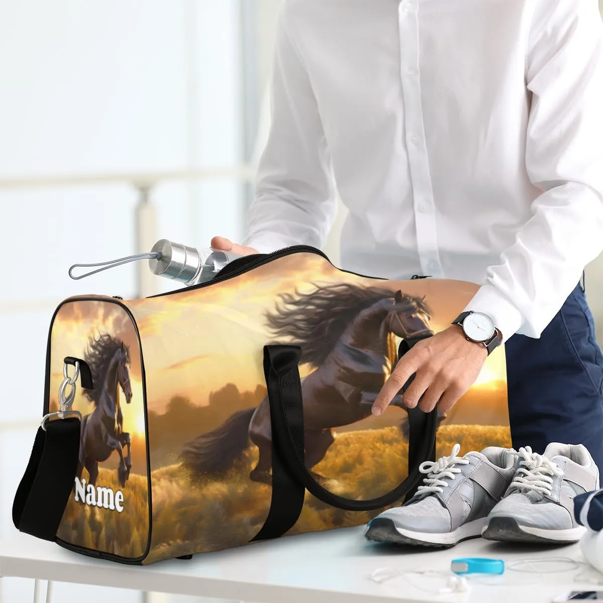 Sports Gym Duffel Bag Customized Name for Women & Men, Horse Animal Sunset Waterproof Tote Beach Bag Foldable Personal Item Travel Bag for Weekender Overnight Dance Carry-On Bag