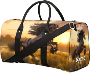 Sports Gym Duffel Bag Customized Name for Women & Men, Horse Animal Sunset Waterproof Tote Beach Bag Foldable Personal Item Travel Bag for Weekender Overnight Dance Carry-On Bag