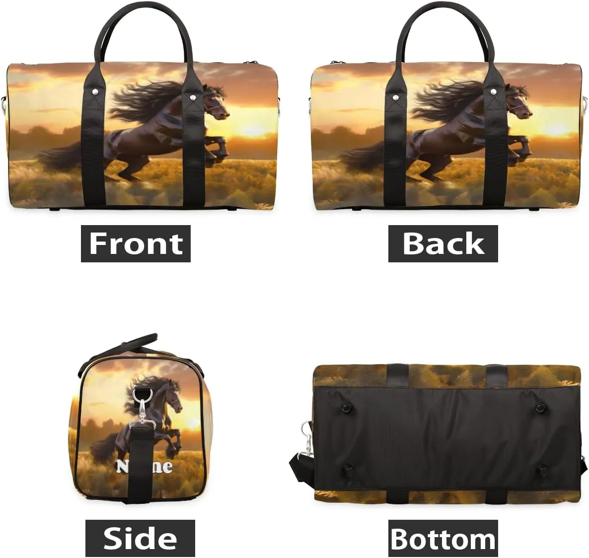 Sports Gym Duffel Bag Customized Name for Women & Men, Horse Animal Sunset Waterproof Tote Beach Bag Foldable Personal Item Travel Bag for Weekender Overnight Dance Carry-On Bag
