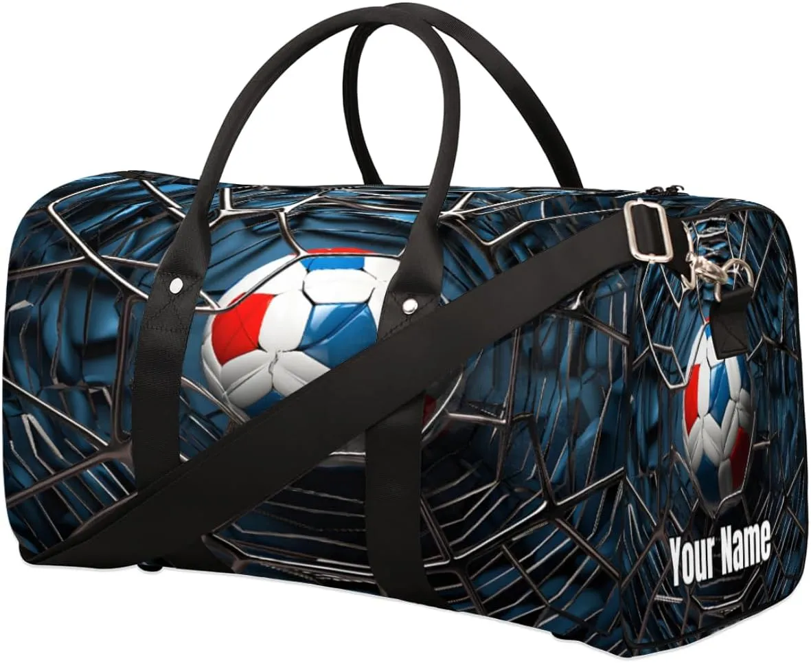 Sports Tote Gym Duffel Bag Soccer France Flag Ball Customized Name for Women & Men,Waterproof Baseball Bag Foldable Personal Item Travel Bag for Weekender Overnight Dance Carry-On Bag