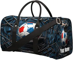 Sports Tote Gym Duffel Bag Soccer France Flag Ball Customized Name for Women & Men,Waterproof Baseball Bag Foldable Personal Item Travel Bag for Weekender Overnight Dance Carry-On Bag