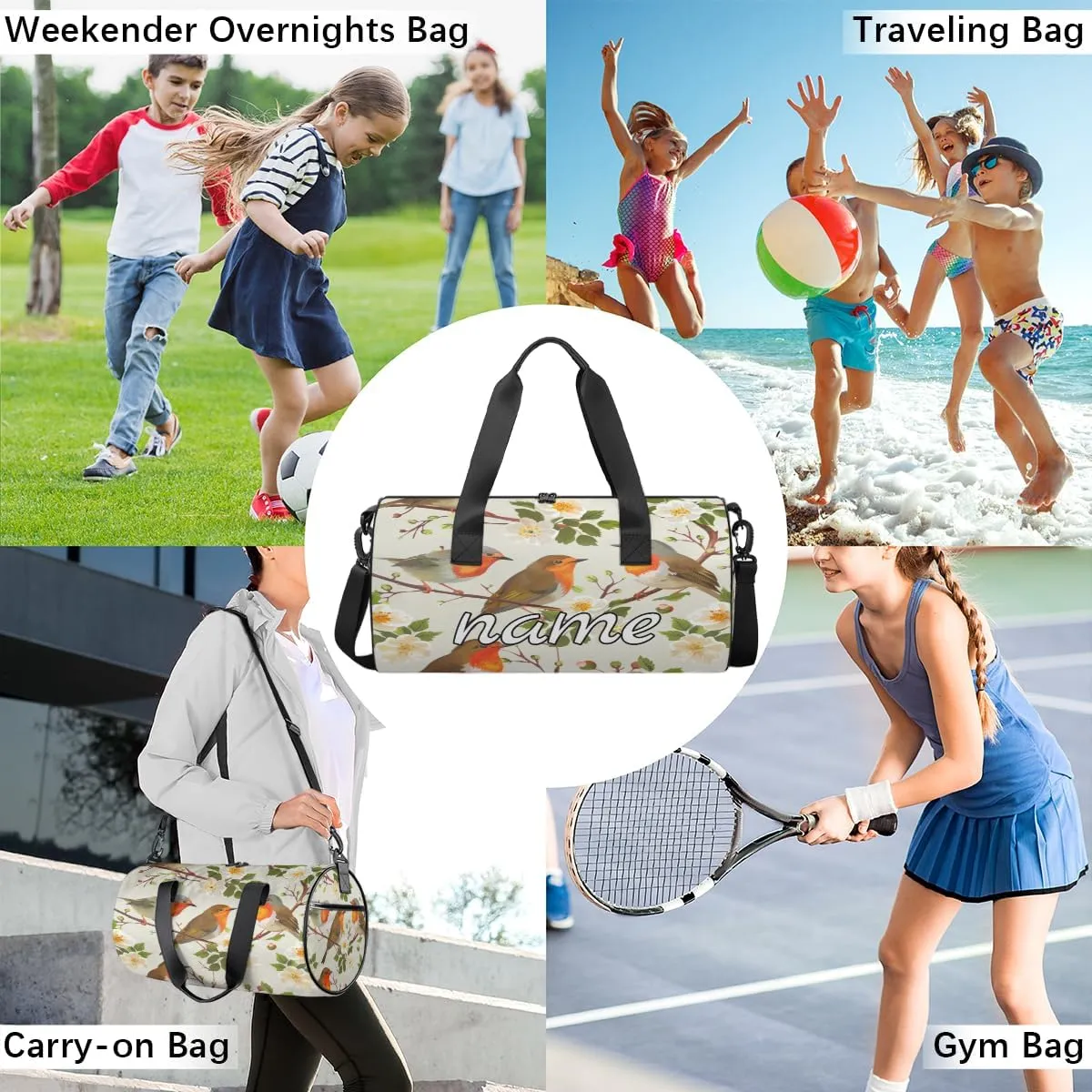 Spring Custom Duffel Bags Flower Bird Weekender Bags Custom Sport Duffel Bag Carry on Overnight Weekender Bag