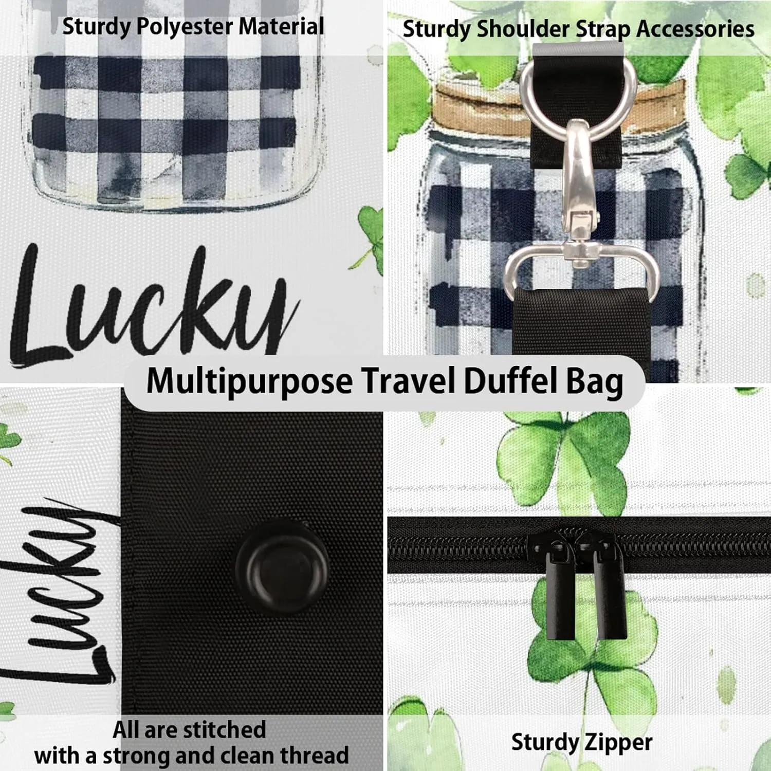 St Patrick's Day Green Clover Travel Duffle Bag, Sports Gym Bags for Women Men, Carry On Weekender Overnight Workout Airplane Trips Bag