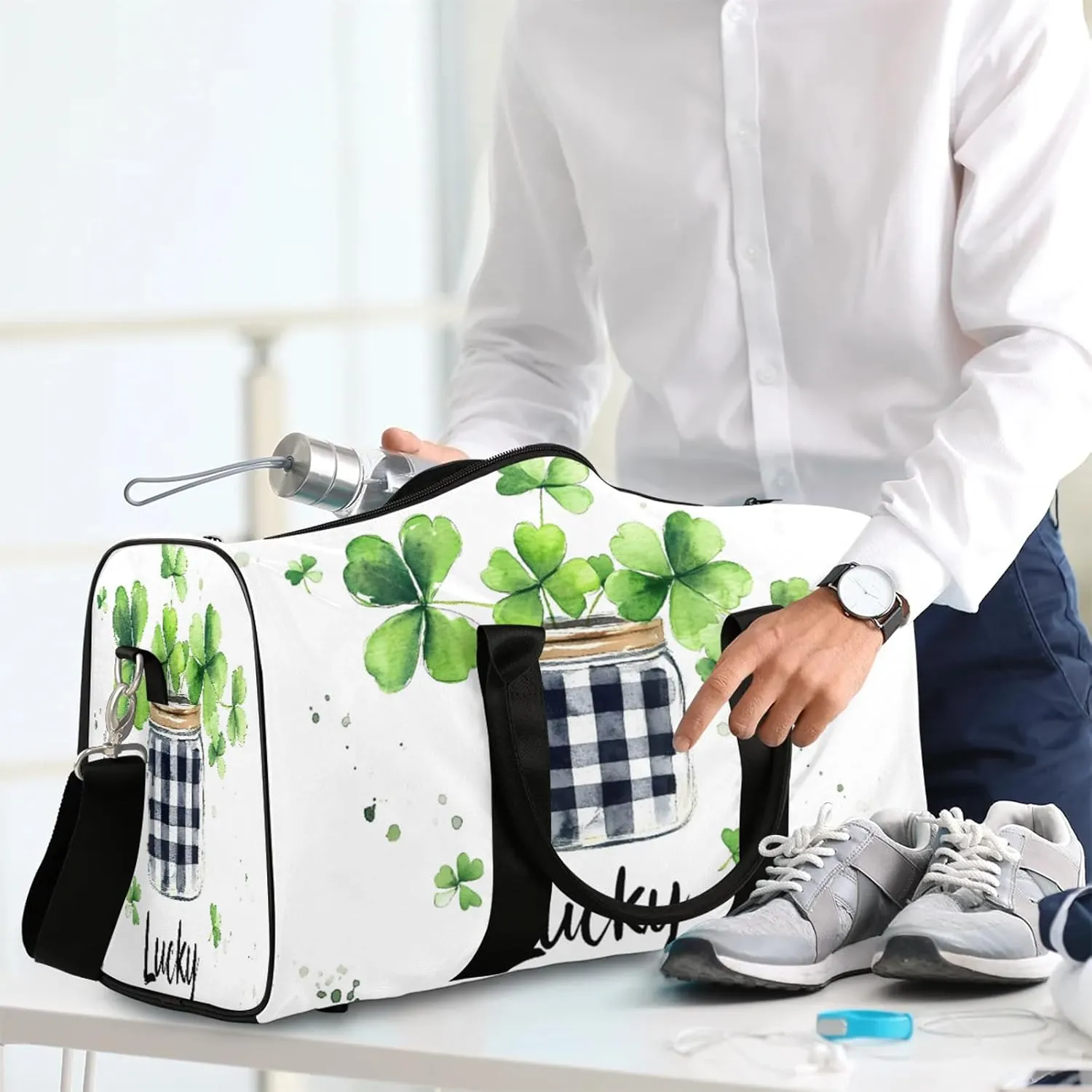 St Patrick's Day Green Clover Travel Duffle Bag, Sports Gym Bags for Women Men, Carry On Weekender Overnight Workout Airplane Trips Bag