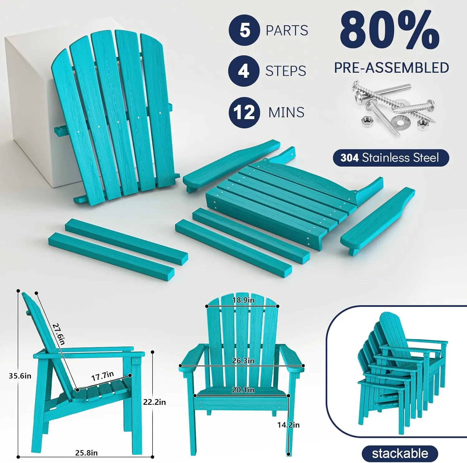 Stackable Adirondack Chair - All-Weather HDPE Outdoor Patio Chair - Durable and Space -Saving Design for Easy Storage - Ideal for Porch, Lawn, or Garden-Aruba