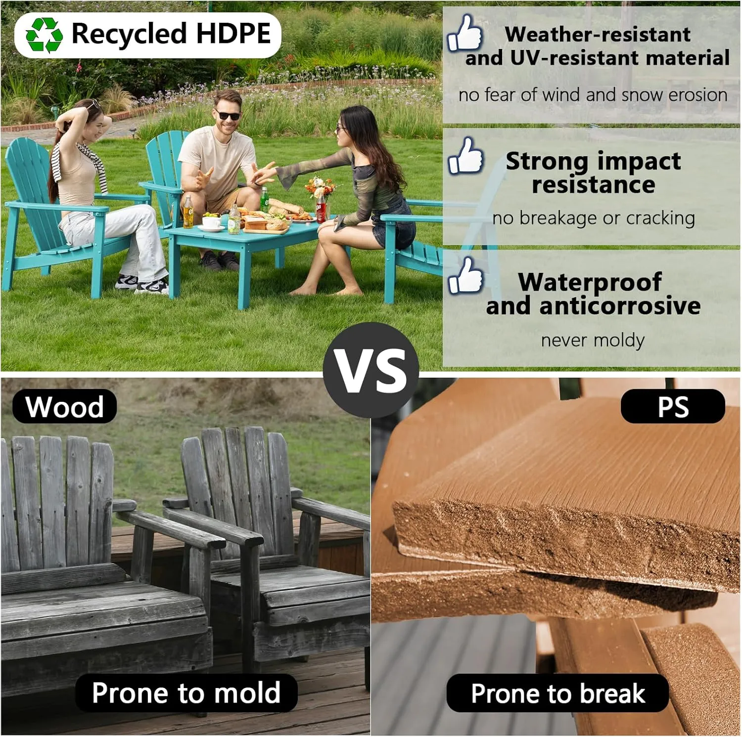 Stackable Adirondack Chair - All-Weather HDPE Outdoor Patio Chair - Durable and Space -Saving Design for Easy Storage - Ideal for Porch, Lawn, or Garden-Aruba