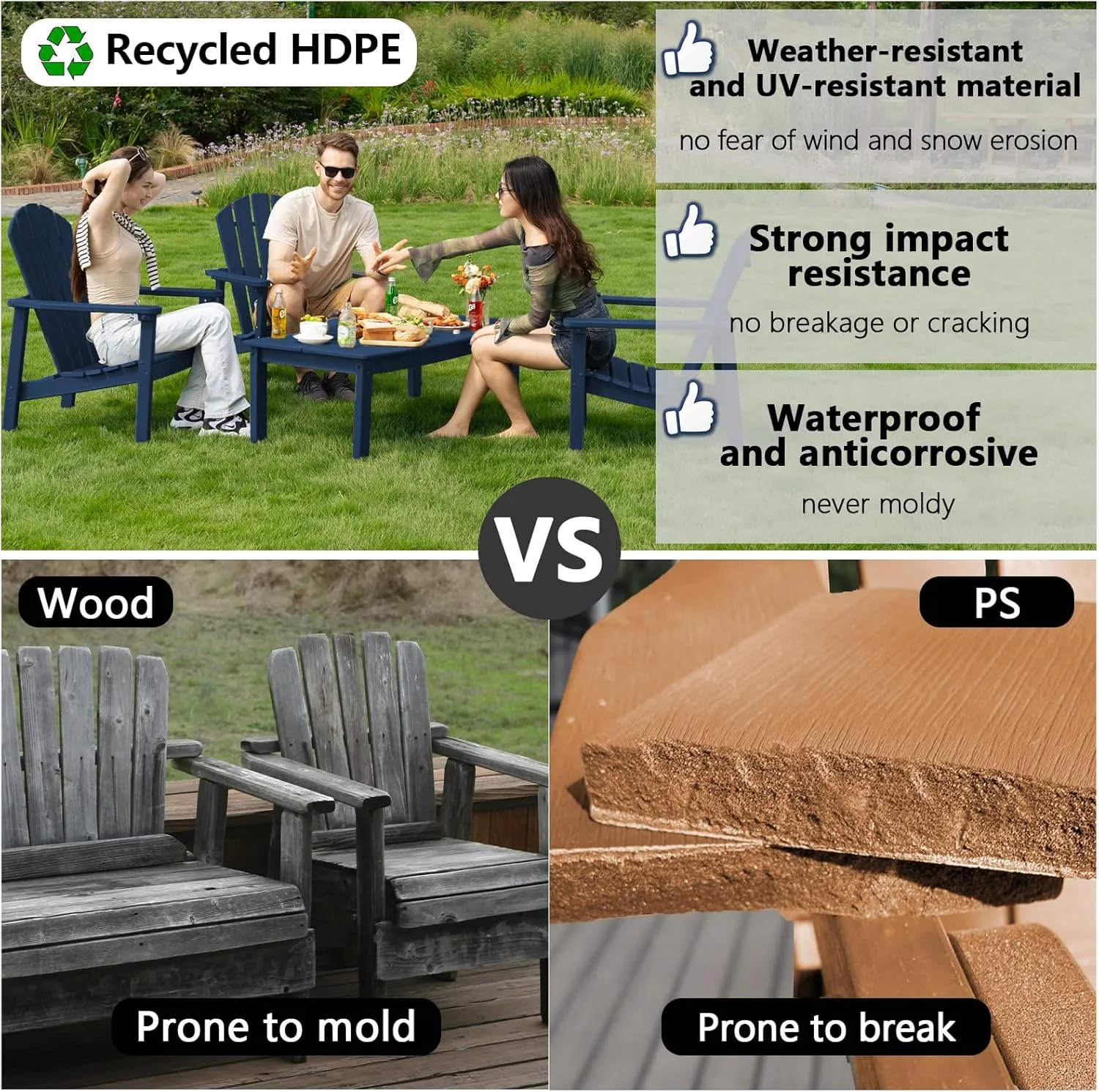 Stackable Adirondack Chair - All-Weather HDPE Outdoor Patio Chair - Durable and Space -Saving Design for Easy Storage - Ideal for Porch, Lawn, or Garden-Navy