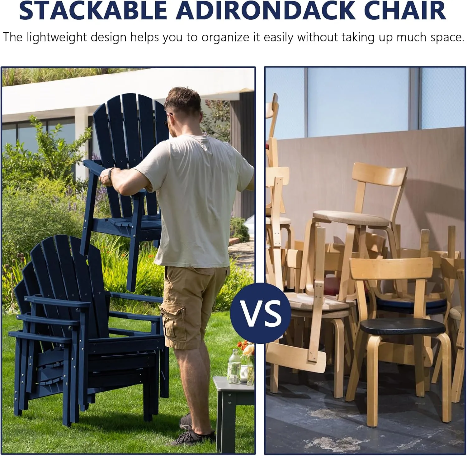 Stackable Adirondack Chair - All-Weather HDPE Outdoor Patio Chair - Durable and Space -Saving Design for Easy Storage - Ideal for Porch, Lawn, or Garden-Navy