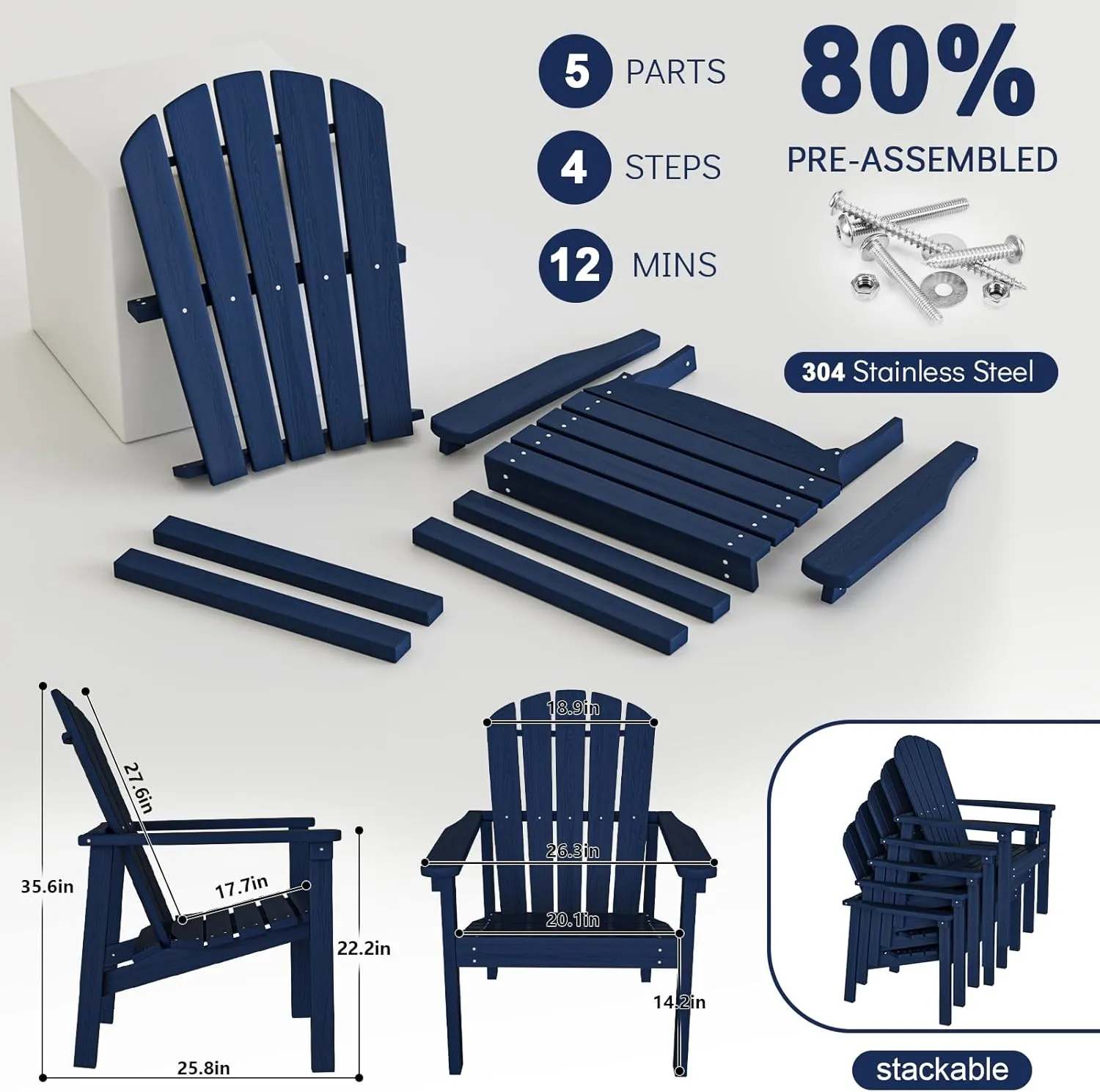 Stackable Adirondack Chair - All-Weather HDPE Outdoor Patio Chair - Durable and Space -Saving Design for Easy Storage - Ideal for Porch, Lawn, or Garden-Navy