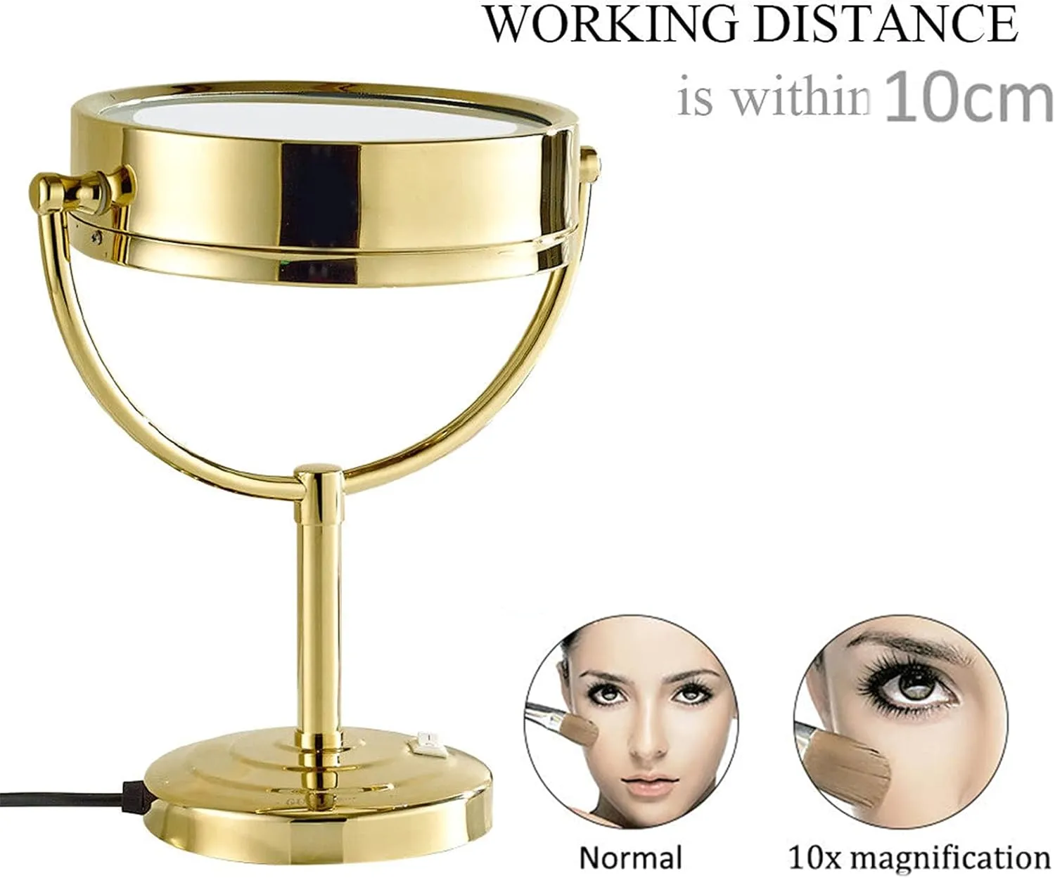 Standing LED Makeup Mirror, 8 Inch Double Sided 1X and 3X/5X/7X/10X Magnification, Brass Countertop Cosmetic Vanity Mirrors with Switch and Plug,Gold,10X