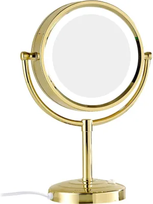 Standing LED Makeup Mirror, 8 Inch Double Sided 1X and 3X/5X/7X/10X Magnification, Brass Countertop Cosmetic Vanity Mirrors with Switch and Plug,Gold,10X