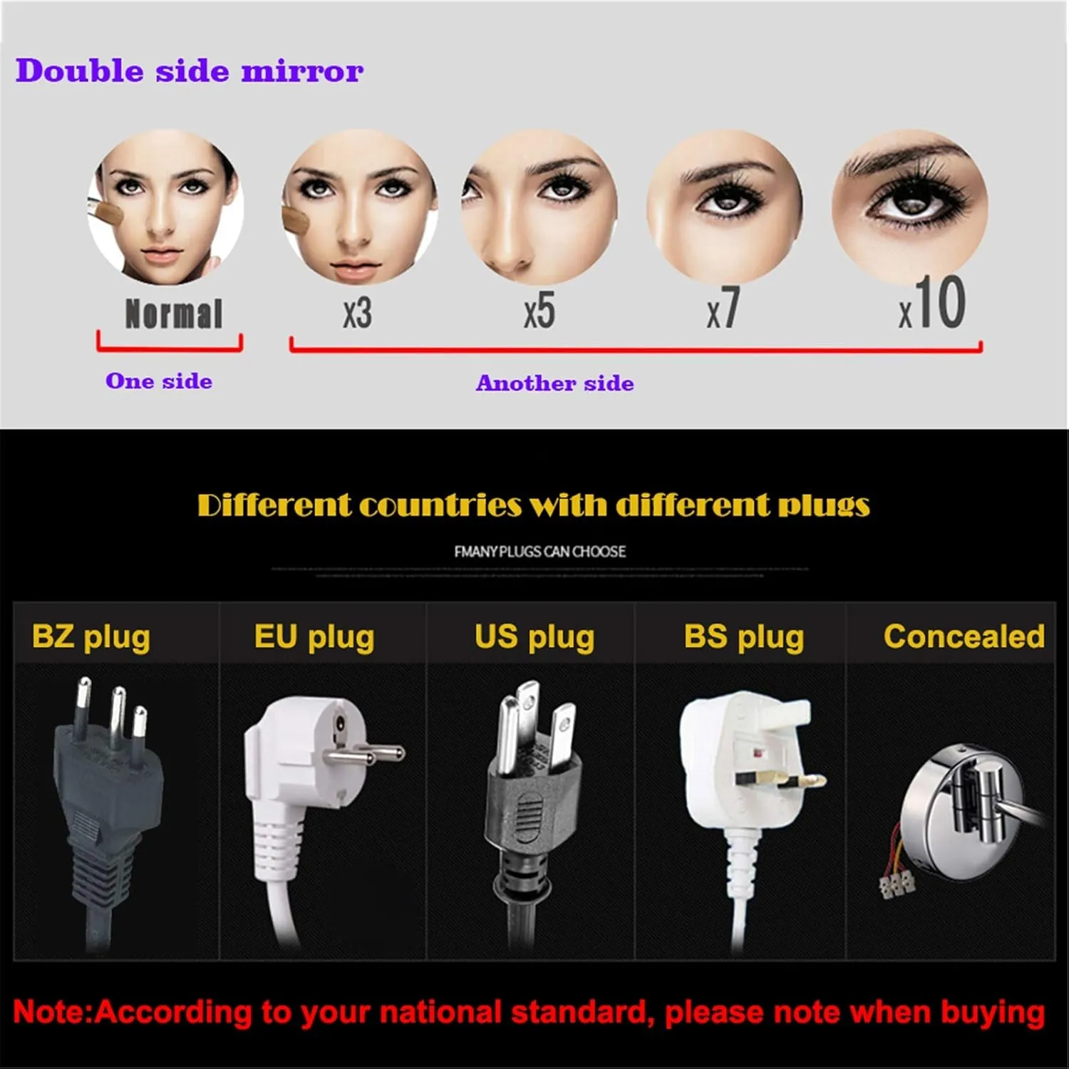 Standing LED Makeup Mirror, 8 Inch Double Sided 1X and 3X/5X/7X/10X Magnification, Brass Countertop Cosmetic Vanity Mirrors with Switch and Plug,Gold,10X