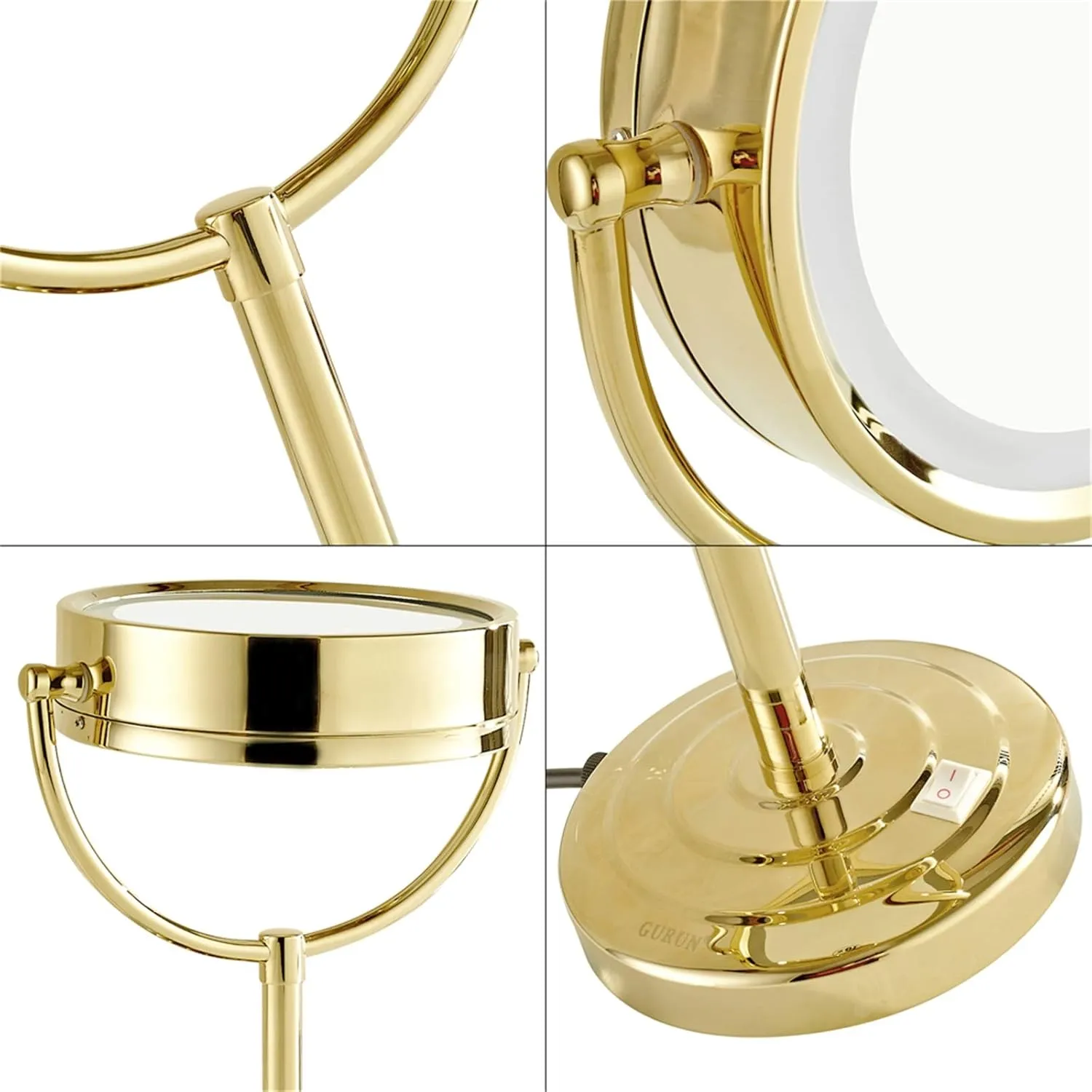 Standing LED Makeup Mirror, 8 Inch Double Sided 1X and 3X/5X/7X/10X Magnification, Brass Countertop Cosmetic Vanity Mirrors with Switch and Plug,Gold,10X
