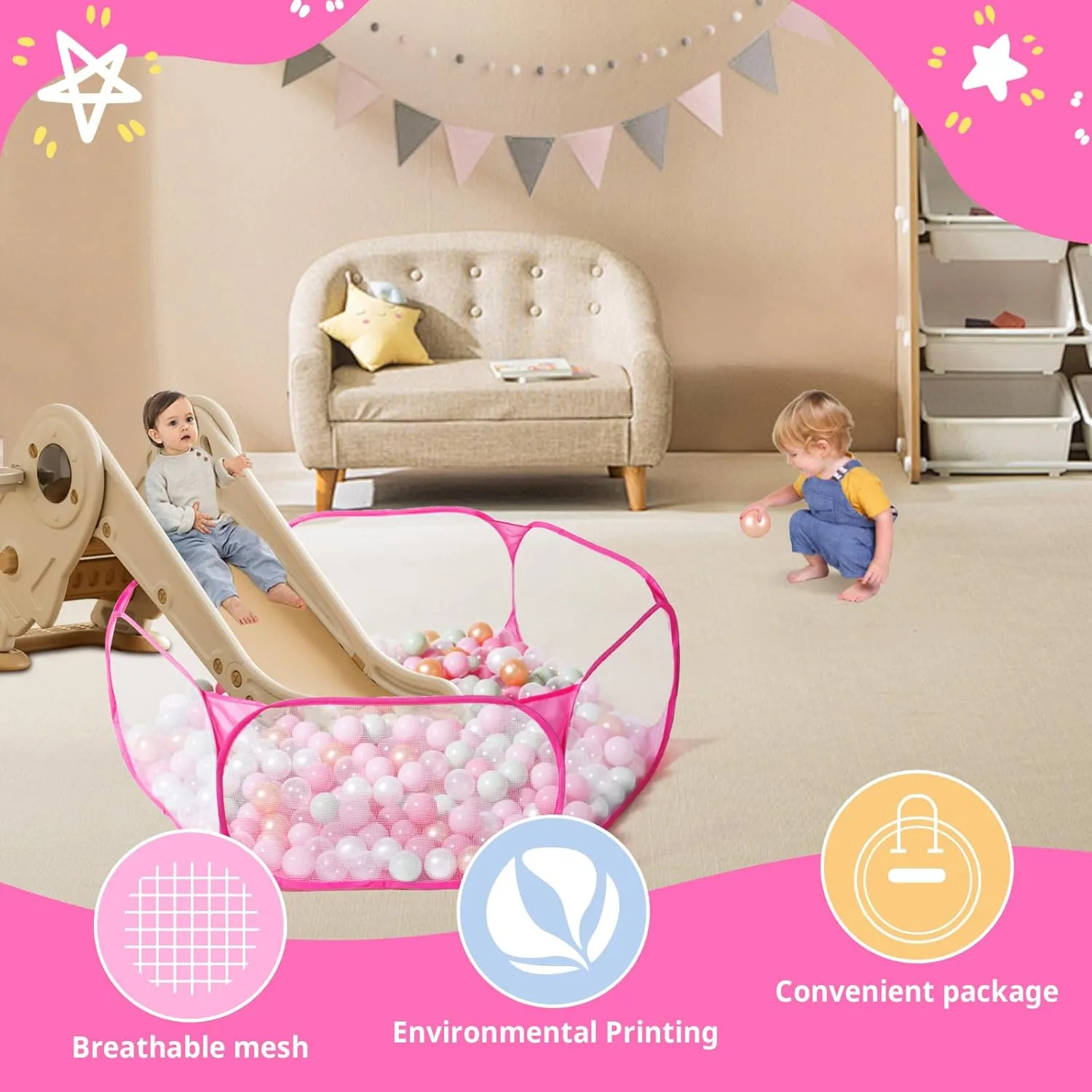 STARBOLO Cute Hexagon Kids Ball Pits, Indoor Outdoor Collapsible Play Pool Fence for Boys Girls Pets Puppy Cats, with Carry Tote, Balls Not Included (Pink)
