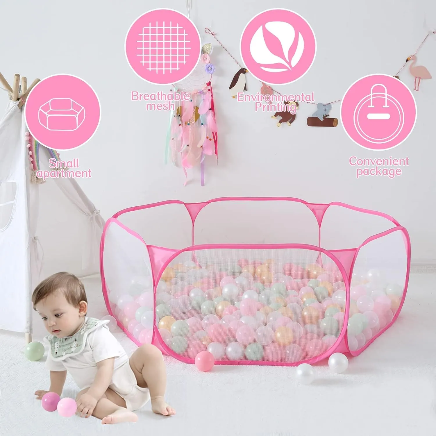 STARBOLO Cute Hexagon Kids Ball Pits, Indoor Outdoor Collapsible Play Pool Fence for Boys Girls Pets Puppy Cats, with Carry Tote, Balls Not Included (Pink)