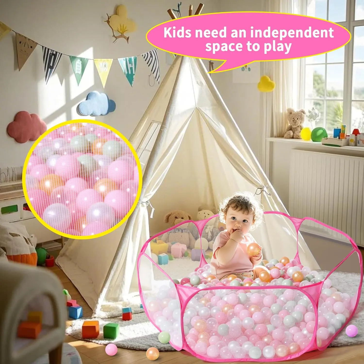 STARBOLO Cute Hexagon Kids Ball Pits, Indoor Outdoor Collapsible Play Pool Fence for Boys Girls Pets Puppy Cats, with Carry Tote, Balls Not Included (Pink)