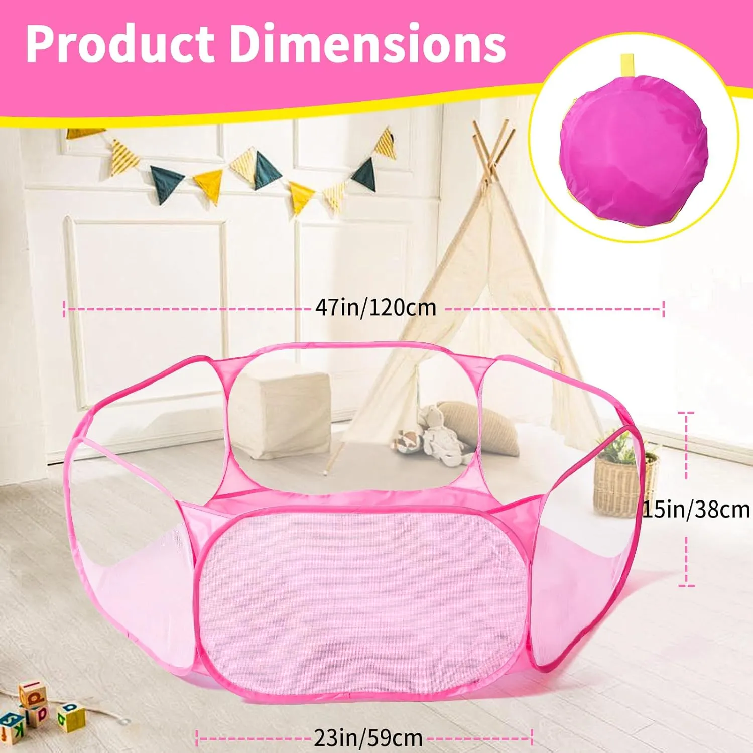 STARBOLO Cute Hexagon Kids Ball Pits, Indoor Outdoor Collapsible Play Pool Fence for Boys Girls Pets Puppy Cats, with Carry Tote, Balls Not Included (Pink)