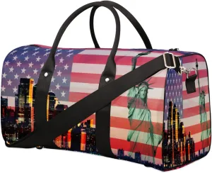 Statue Of Liberty American Flag Travel Duffel Bag, Foldable Sport Gym Tote Bag, Waterproof Weekender Overnight Bag with Shoulder Strap, Carry On Luggage Handbag for Men and Women