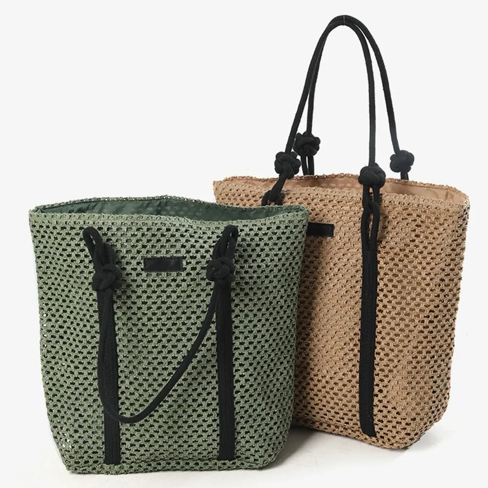 Straw Tote Handbag for Women Simple Satchel Handbag with Knot Strap Summer Vacation Hobo Bag Large Sling Shoulder Bag