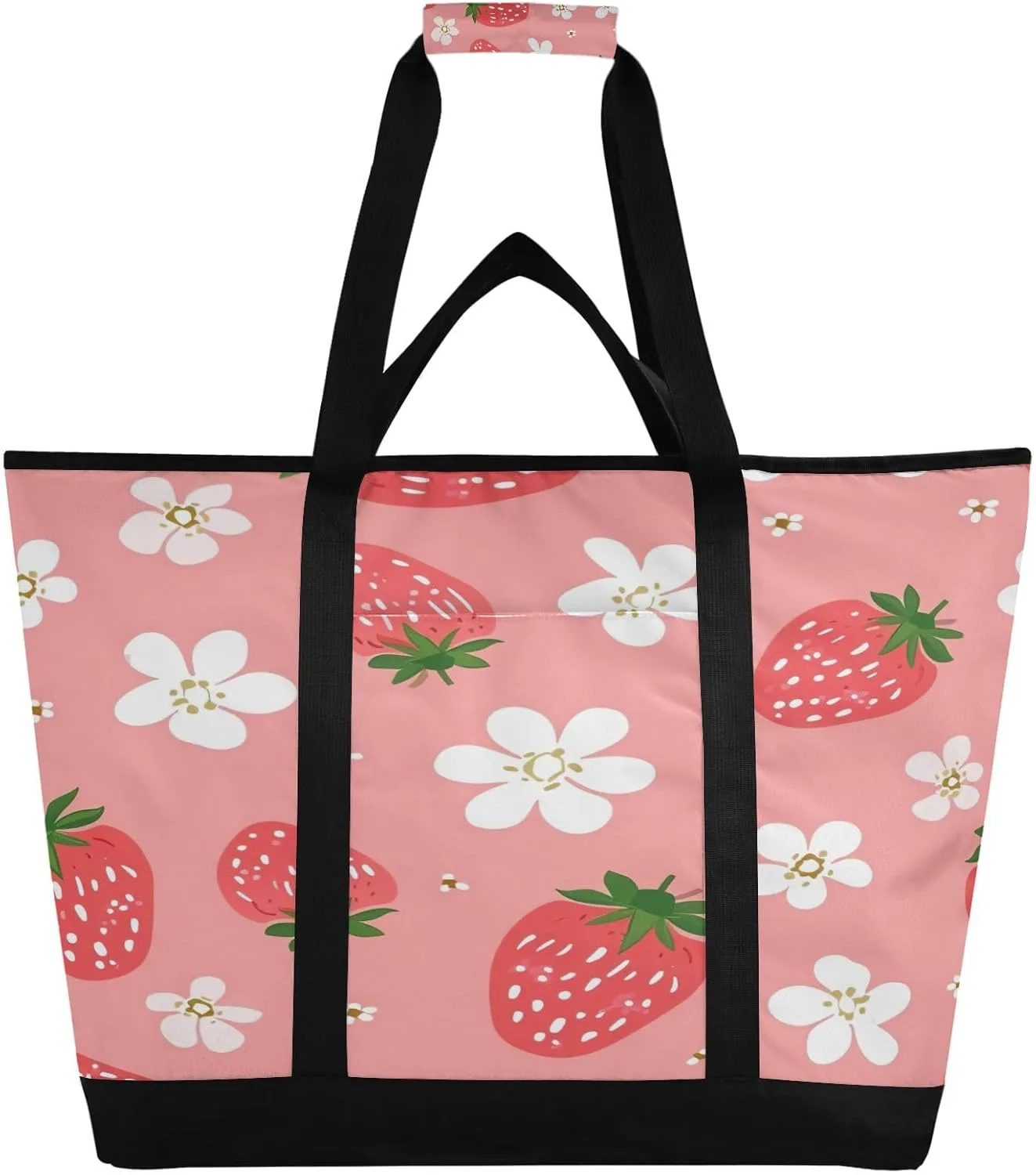 Strawberries Flowers Reusable Insulated Lunchbox Cooler Bag, Leakproof Kitchen Grocery Bag Collapsible Portable Cooler Tote Bag for Picnic, Camping, Office, Travel