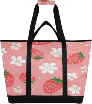 Strawberries Flowers Reusable Insulated Lunchbox Cooler Bag, Leakproof Kitchen Grocery Bag Collapsible Portable Cooler Tote Bag for Picnic, Camping, Office, Travel