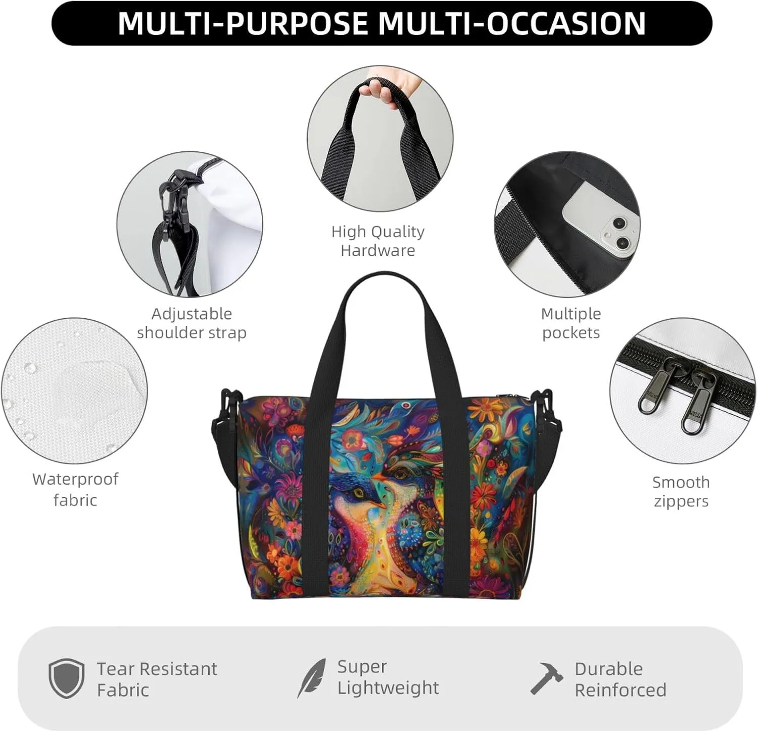stunning beautiful birds print Travel Duffel Bag, Sports Tote Gym Bag, Swim Pool Bag Large Shoulder Tote Bag for Beach Weekender