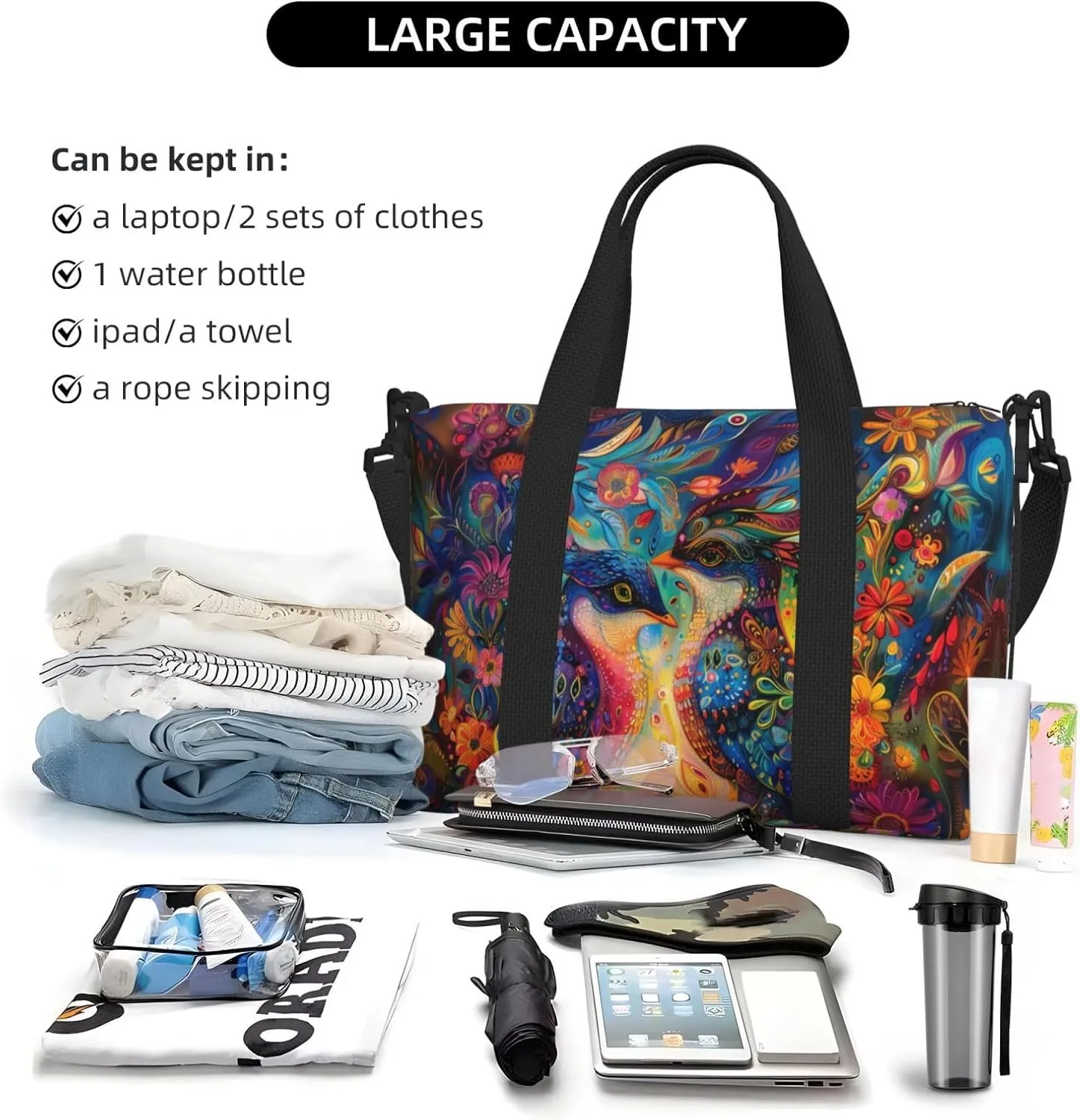 stunning beautiful birds print Travel Duffel Bag, Sports Tote Gym Bag, Swim Pool Bag Large Shoulder Tote Bag for Beach Weekender
