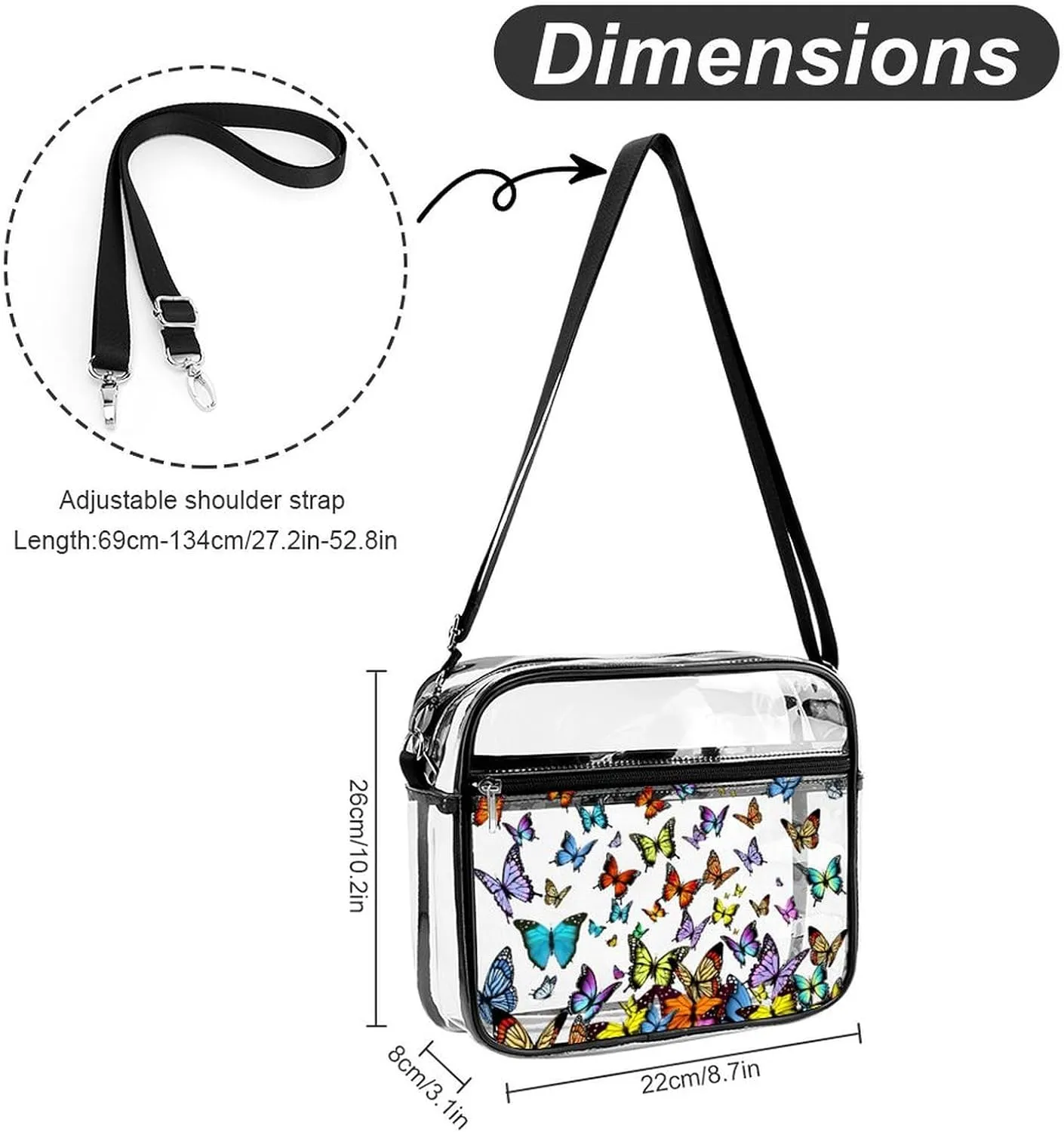 Stylish Butterfly Clear Crossbody Bag - PVC Butterflies Transparent Messenger Bag for Work, Travel and Daily Use