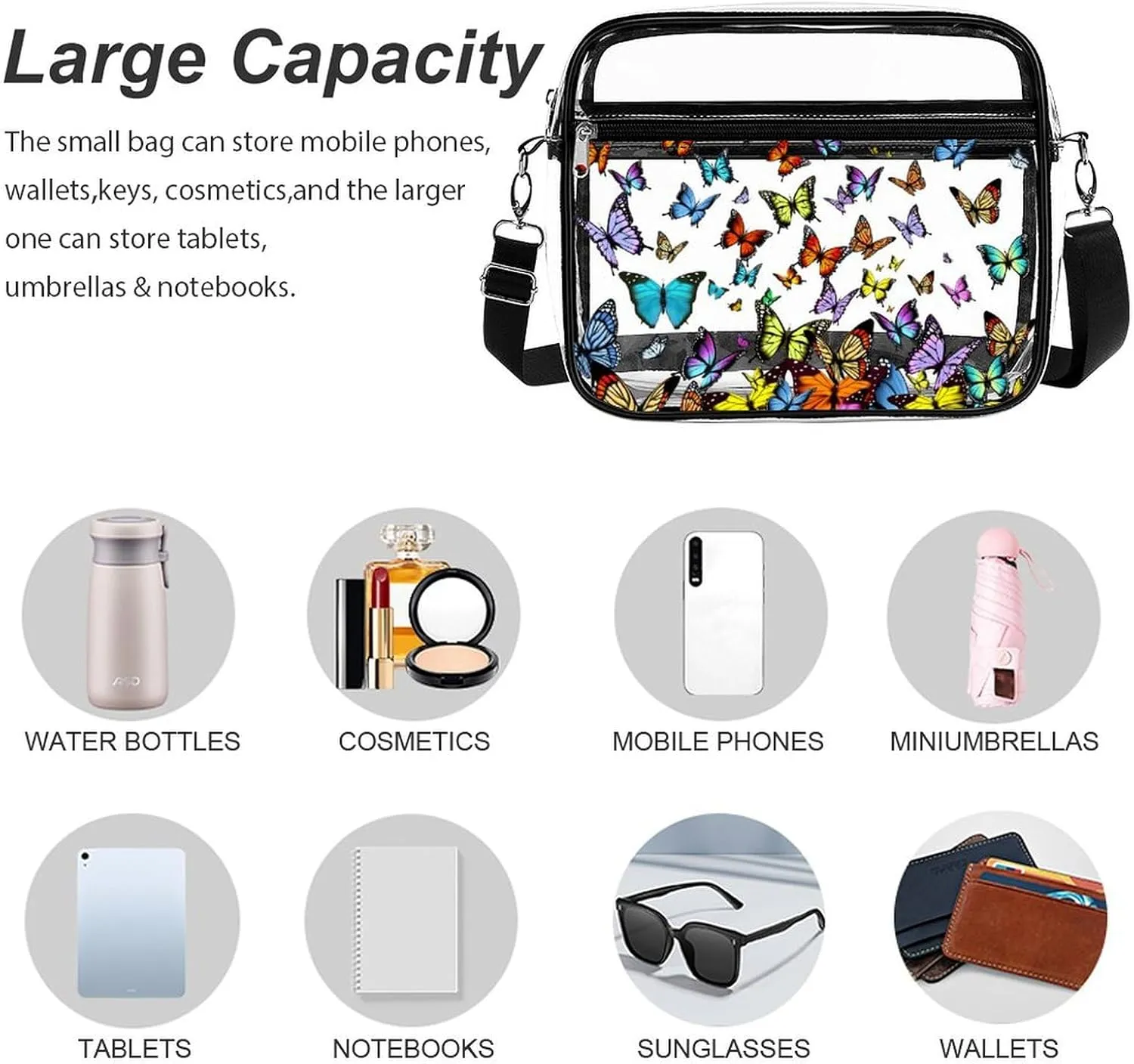 Stylish Butterfly Clear Crossbody Bag - PVC Butterflies Transparent Messenger Bag for Work, Travel and Daily Use